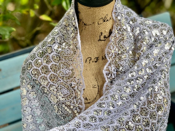 White Sequin Scale Pattern Scarf. Glittering Floral Vintage Sequin