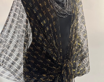 SCHWARZER Mesh Sommer Kimono Bling Gold Faden Bluse Sommer Kimono Resort Kreuzfahrt Kimono leichter Kimono Strand Coverup Art Lover Kimono