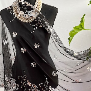 Vintage Black Silver Floral Tassel Sequin Embroidery Sheer Scarf Bling Mesh Scarf Wedding Cape Fringed Evening Shawl, Bling Elegant Wrap
