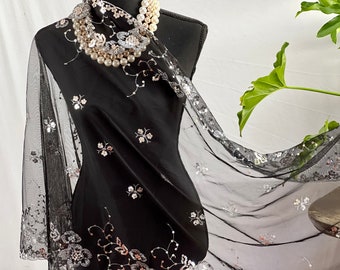 Vintage Black Silver Floral Tassel Sequin Embroidery Sheer Scarf Bling Mesh Scarf Wedding Cape Fringed Evening Shawl, Bling Elegant Wrap