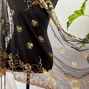 Vintage Black Gold Floral Tassel Sequin Embroidery Sheer Scarf Bling Mesh Scarf Wedding Cape Fringed Evening Shawl, Bling Elegant Wrap