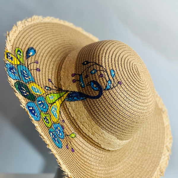 Elegant Peacock Hand Painted straw hat summer hat beach hat head wear vacation gift hat gardener hat gift Gardener Hat Straw Summer Hat