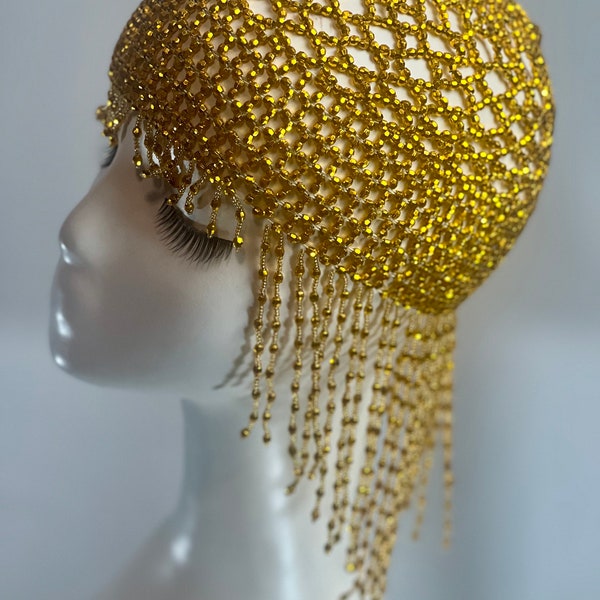 Gold Beaded Exotic Cleopatra Head Piece Cap Egyptian Tassel Chain Durag Festival Hat Gold Mesh Beaded Flapper Stretchy Cap Plastic beads