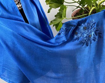 Floral Embroidery Bead Sequin Royal Blue Evening Scarf Shawl Wrap