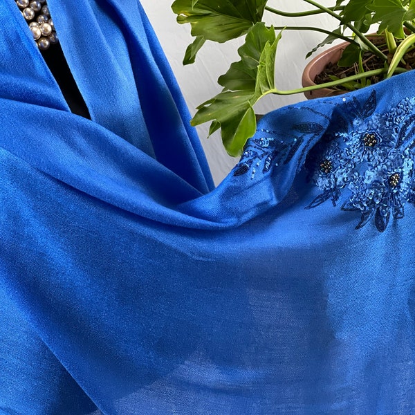 Floral Embroidery Bead Sequin Royal Blue Evening Scarf Shawl Wrap