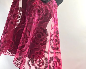 Écharpe rose fuchsia à sequins scintillants Écharpe brodée de sequins roses scintillantes vintage Cape de mariage Châle de soirée à franges, Châle élégant Bling