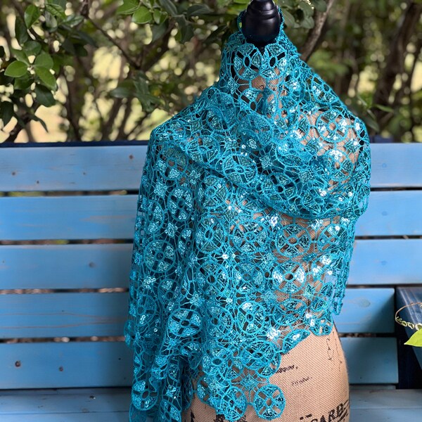 Glittering Floral Vintage Sequin Mesh BLUE Scarf,  Mesh Sequin Wedding Cape Fringed Evening Shawl, Bling Elegant Wrap for Woman. Gray scarf