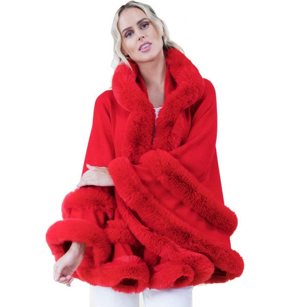 Fur HOT RED Hoodie Cape Winter Wool Acrylic Vintage Ruana Batwing Shawl Faux Fur Wedding Bridal Coat Evening Party Soft Feel Faux Fur