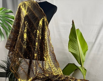 Vintage Gold Floral Tassel Sequin Embroidery Sheer Scarf Bling Mesh Scarf Wedding Cape Fringed Evening Shawl, Bling Elegant Wrap