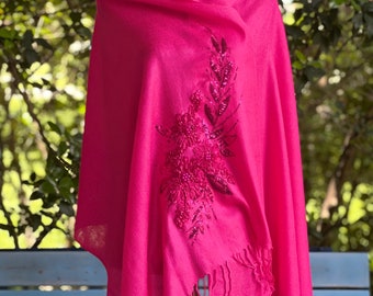 Floral Sequin Fuchsia Pink Evening Scarf Shawl Wrap