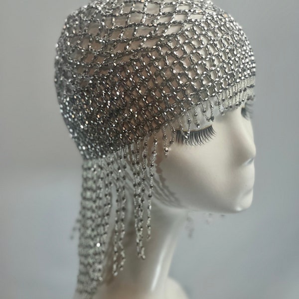 Silver Beaded Exotic Cleopatra Head Piece Cap Egyptian Tassel Chain Durag Festival Hat Gold Mesh Beaded Flapper Stretchy Cap Plastic beads