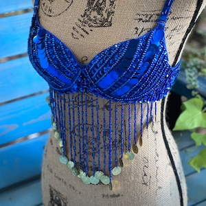 Beautiful Handmade Bling Tassel Royal Blue Belly Dance Sequined Bra Top, Women's Tassel Sequin Halter Salsa Belly Dance Costume