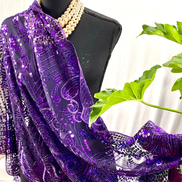 PURPLE Charming Sparkle FLORAL Vintage Design Sequin Mesh Scarf, Mesh Sequin Wedding Cape Fringed Evening Shawl, Bling Elegant Wrap Scarf