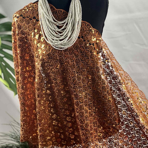 Orange Glittering Vintage Sequin Mesh Rust Orange-Brown Scarf,  Mesh Sequin Wedding Cape Fringed Evening Shawl, Bling Elegant Wrap for Woman