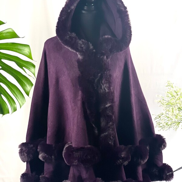 Fur Plum Purple Hoodie Cape Winter Wool Acrylic Vintage Ruana Batwing Shawl Faux Fur Wedding Bridal Coat Evening Party Soft Feel Faux Fur