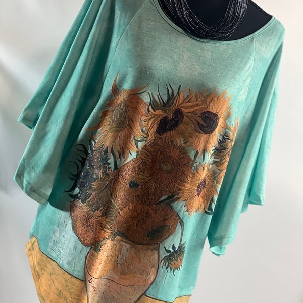 Sunflowers Top Van Gogh Loose Fit Batwing Top: Artistic Elegance with Iconic Masterpiece Print, Effortlessly Stylish and Comfortable Design