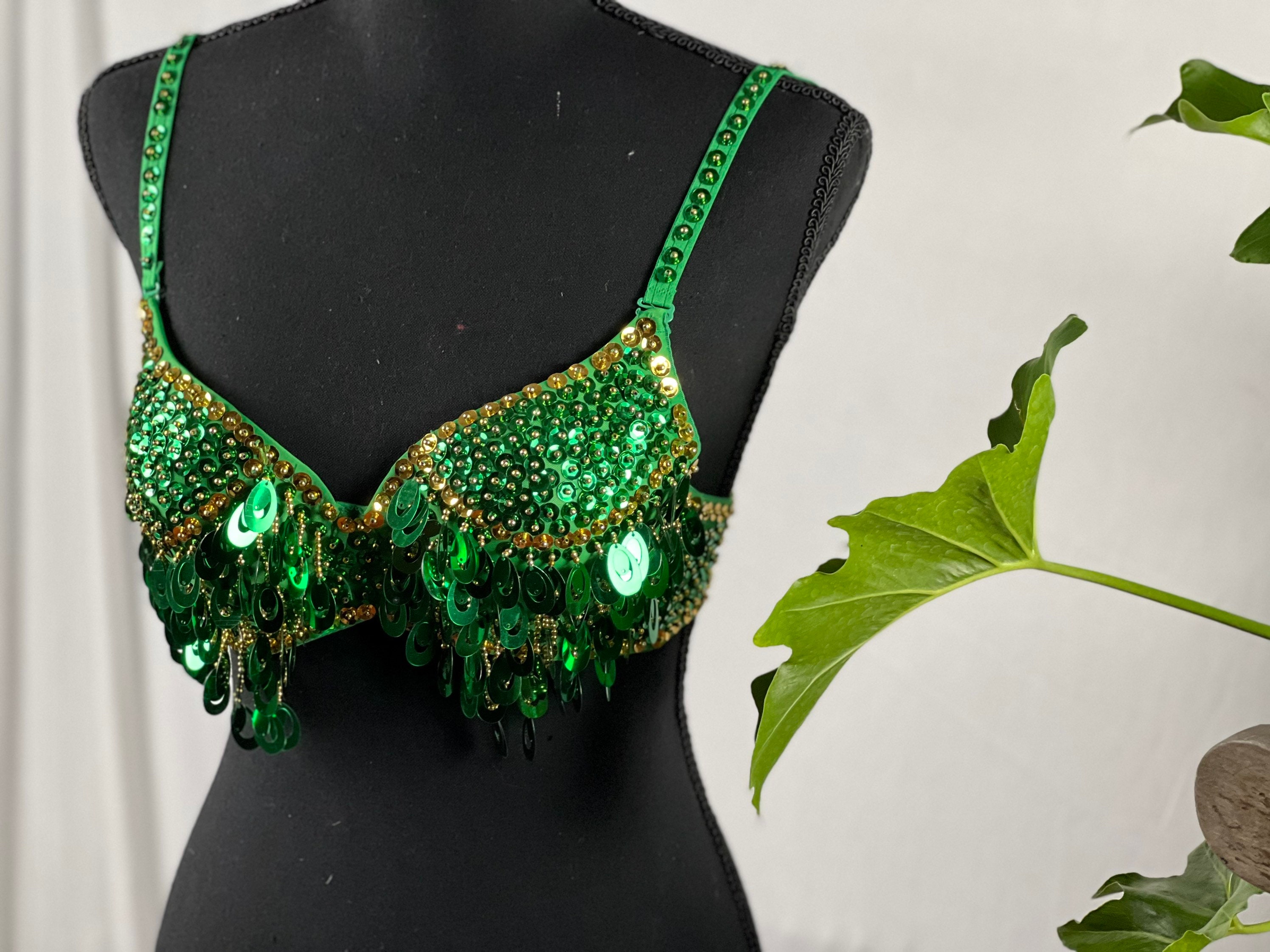 Charming GREEN Gold Tribal Zari Bra Belly Dance Samba Bra Custom Carnival  Bra Tassel Pendant Sequin Long Fringe. Many Colors Available 
