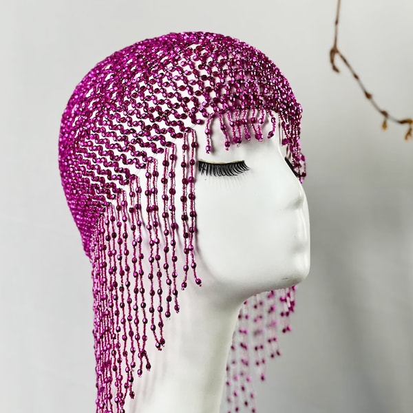 Pink Beaded Exotic Cleopatra Head Piece Cap Egyptian Tassel Chain Durag Festival Hat Gold Mesh Beaded Flapper Stretchy Cap Plastic beads