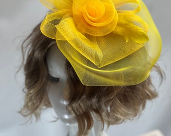 Elegant Vintage Yellow Tea Hat Large 13”, Women's Tea Party Hat, Church Hat, Kentucky Derby Hat, Fancy Hat, Wedding Hat, With Clip
