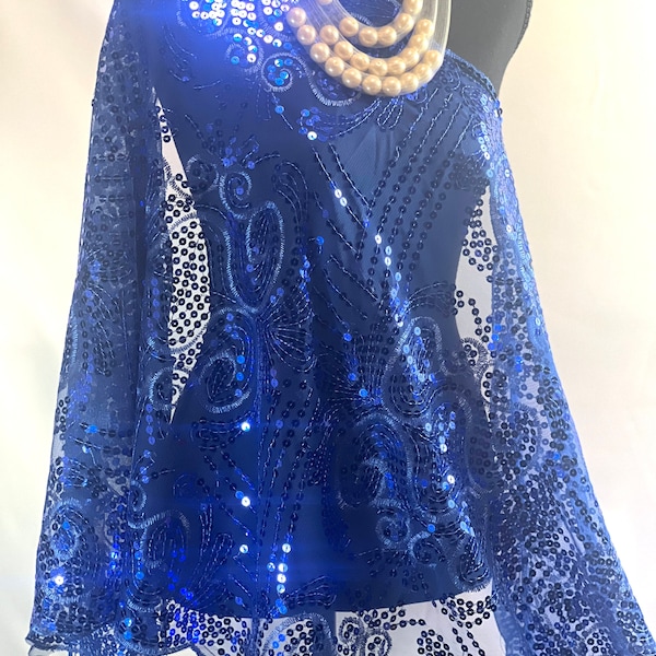 ROYAL BLUE Charming Sparkle FLORAL Vintage Design Sequin Mesh Scarf Mesh Sequin Wedding Cape Fringed Evening Shawl, Bling Elegant Wrap Scarf