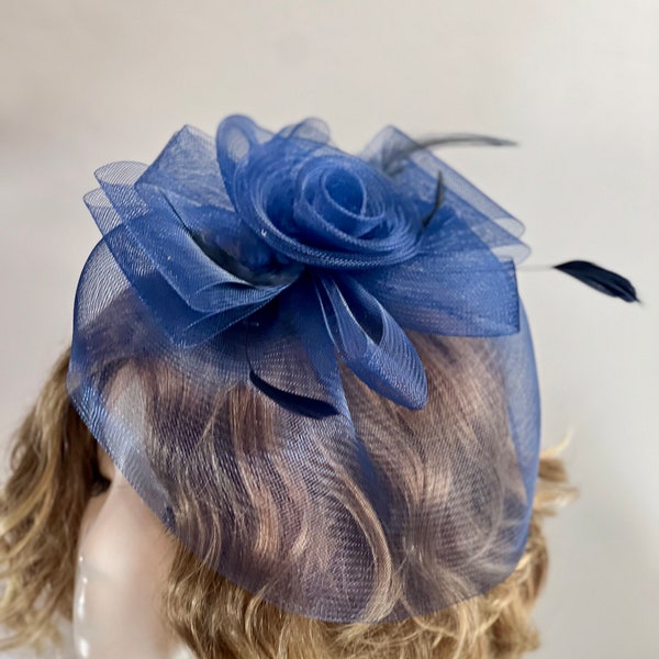 Elegant Vintage NAVY BLUE Tea Hat Large 13”, Women's Tea Party Hat, Church Hat, Kentucky Derby Hat, Fancy Hat, Wedding Hat, With Clip