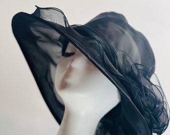 Black Kentucky Derby Inspired Wide Brim Hat: Floral Elegance for Bridal Showers & Church Summer Derby Hat Wedding Hat Black Fascinator Hat