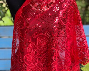 RED Charming Sparkle FLORAL Vintage Design Sequin Mesh Scarf Mesh Sequin Wedding Cape Fringed Evening Shawl, Bling Elegant Wrap Scarf