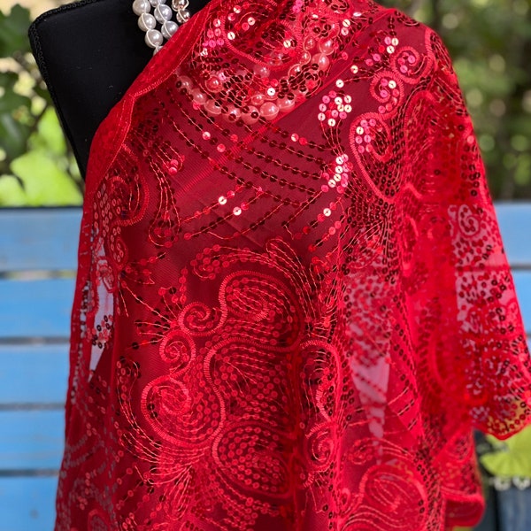 RED Charming Sparkle FLORAL Vintage Design Sequin Mesh Scarf Mesh Sequin Wedding Cape Fringed Evening Shawl, Bling Elegant Wrap Scarf