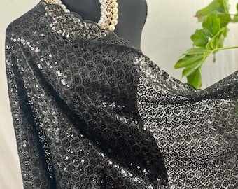 Black Sequin Scale Pattern Scarf. Glittering Floral Vintage Sequin Mesh BLACK Scarf,  Mesh Sequin Wedding Cape Fringed Evening Shawl