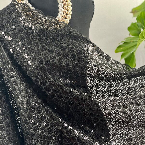 Black Sequin Scale Pattern Scarf. Glittering Floral Vintage Sequin Mesh BLACK Scarf,  Mesh Sequin Wedding Cape Fringed Evening Shawl