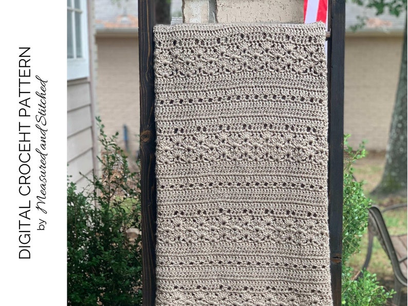 Farmhouse Throw Blanket, overlay text reads "Digital Crochet Pattern by Measured and Stitched"
