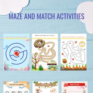 Può includere: Una raccolta di sei fogli di attività per bambini. Presentano labirinti, giochi di abbinamento ed esercizi di tracciamento con illustrazioni colorate. I titoli includono "Maze and Match Activities", "Help the Fish Find Its Home!" e "Bring the Bunny to Carrots!"