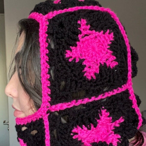 Pink and Black Handmade Star Crochet Balaclava Hood Hat Scarf
