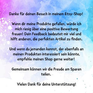 May include: A colorful image with a message thanking customers for visiting their Etsy shop. The text encourages customers to leave positive reviews and share the shop with others. The message also mentions the joy of saving money.