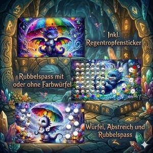 Könnte beinhalten: Ein Fantasy-Bild mit einem Baby-Drachen mit einem Regenbogen-Schirm. Das Bild enthält Text auf Deutsch, zusammen mit einem Spielbrett und bunten Kristallen. Der Drache ist blau mit lila Flügeln. Der Text enthält die Wörter "Rubbelspass" und "Wurfel".