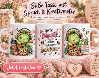 Cactus mug with saying | Good music | Leo Design | Gift for girlfriend & colleague | Handmade coffee mug | designbydesa82