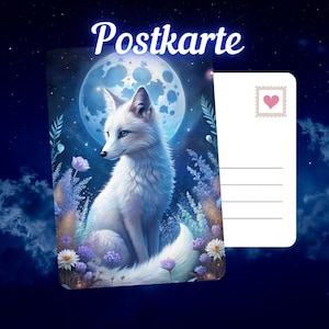 May include: A postcard featuring a white fox with blue eyes, set against a backdrop of a full moon and a starry night sky. The postcard has the word "Postkarte" in a script font. The back of the postcard is blank with lines for writing and a stamp.