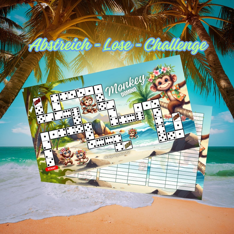 May include: A colorful game board with a monkey domino theme. The board features a tropical beach scene with palm trees, monkeys, and a blue ocean. The game board is titled "Monkey Domino" and includes the text "Abstreich - Lose - Challenge".