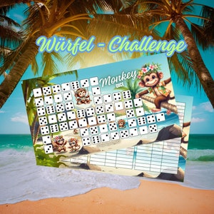 May include: A colorful game board with a monkey theme. The board features a grid of dice with different numbers of dots. The board is surrounded by palm trees and a beach scene. The text "Wuerfel - Challenge" and "Monkey Dice" are visible on the board.