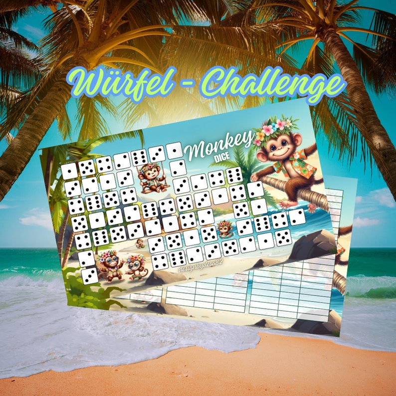 May include: A colorful game board with a monkey theme. The board features a grid of dice with different numbers of dots. The board is surrounded by palm trees and a beach scene. The text "Wuerfel - Challenge" and "Monkey Dice" are visible on the board.
