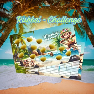 May include: A colorful game board with a monkey wearing a flower lei and a Hawaiian shirt. The game is called "Monkey Rubbel Die Nuss" and features a beach scene with palm trees and coconuts. The board is designed for a game of chance where players rub off the coconuts to reveal prizes.