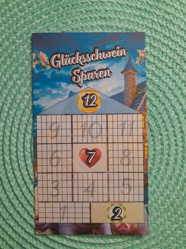 Glücksschwein Sparen/ Sparspiel / Würfel-Lose-Rubbel Spiel/ A6 Umschlagmethode Spielfeld