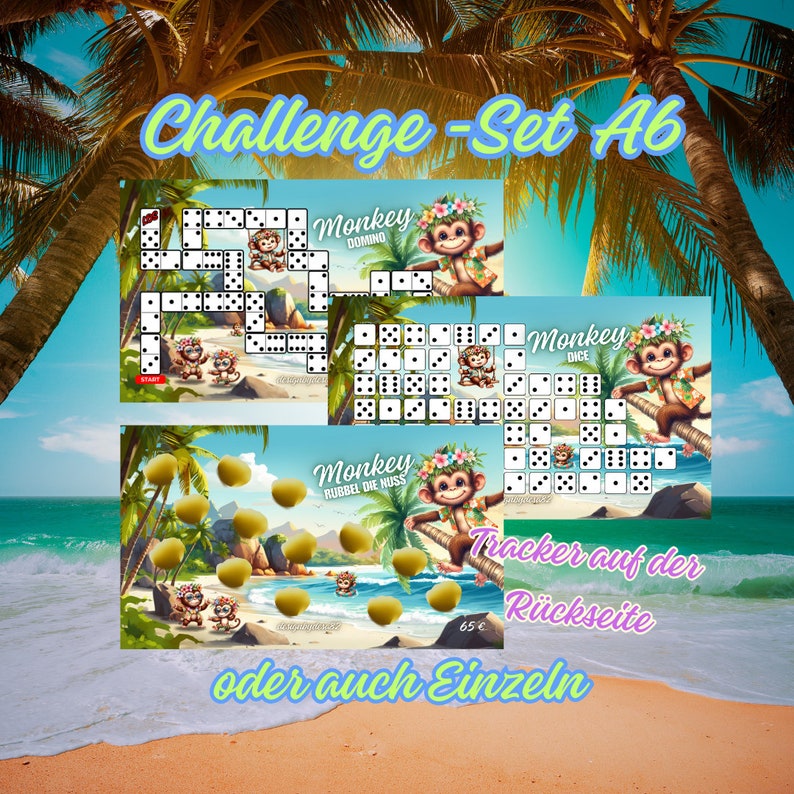 May include: A set of three monkey-themed games, including a domino game, a dice game, and a game called "Monkey Rubbel Die Nuss". The games are illustrated with monkeys in tropical settings. The text "Challenge - Set Ab" is at the top of the image. The text "Tracker auf der R&uuml;ckseite oder auch Einzeln" is at the bottom of the image.