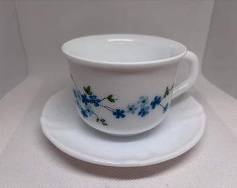 Arcopal France Forget Me Not Milk Glass with Blue Flowers Veronica Cup and Saucer Duo