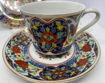 Japanese Imari Trio: Red Flower Basket Cup, Saucer, and Plate