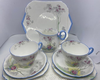 Shelley Apple Blossom Tea Set: Cake Plate, Two Trios, Creamer - Lawleys Ideal China