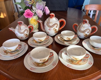 Vintage Japanese Eggshell Porcelain Kutani Geisha Girl Tea Set