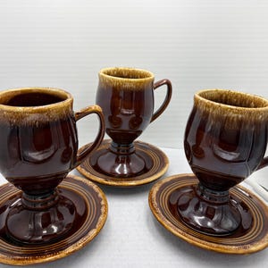 Hull USA Brown Drip Pottery Coffee Mugs and Saucers Set of 3