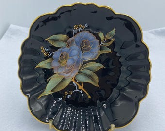 Prinknash Pottery Gloucester Black Gold Floral Trinket Dish