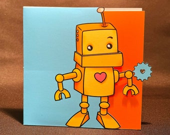 Puede incluir: Un robot amarillo con un corazón rojo en el pecho, sosteniendo un engranaje azul con un corazón en el centro. El robot está sobre un fondo azul y naranja.